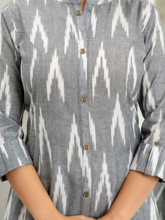 Ikat Printed Mandarin Collar Cotton A-Line Kurta