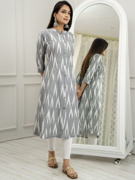 Ikat Printed Mandarin Collar Cotton A-Line Kurta