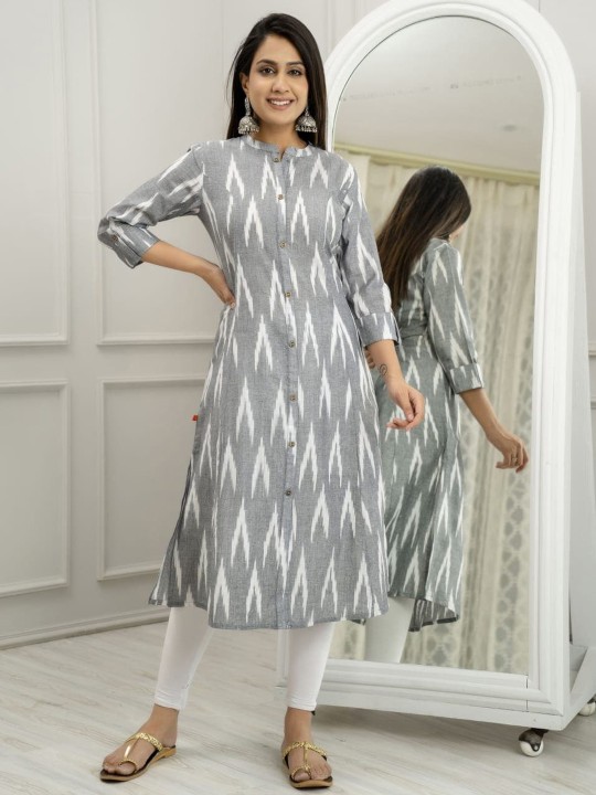 Ikat Printed Mandarin Collar Cotton A-Line Kurta