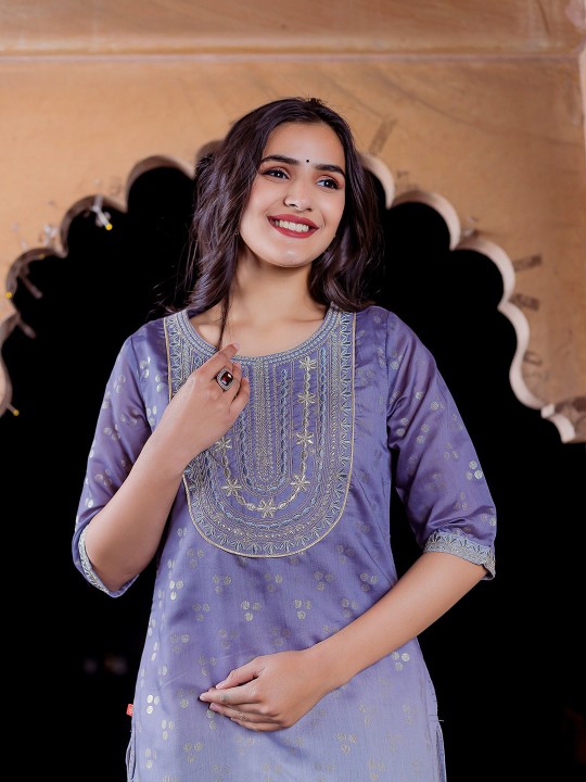 Women Ethnic Motifs Printed Keyhole Neck Chanderi Silk Kurta