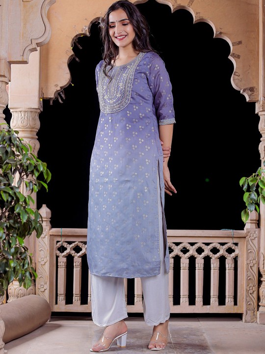Women Ethnic Motifs Printed Keyhole Neck Chanderi Silk Kurta Hover