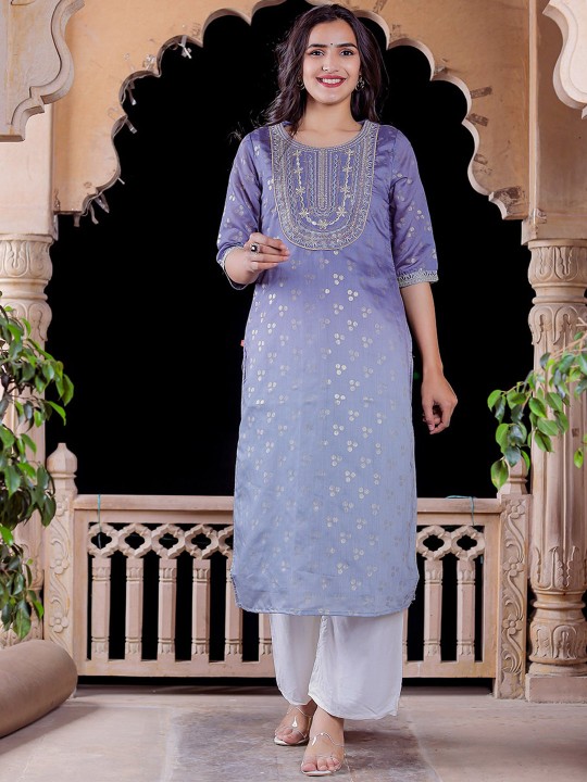 Women Ethnic Motifs Printed Keyhole Neck Chanderi Silk Kurta