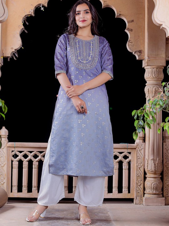 Women Ethnic Motifs Printed Keyhole Neck Chanderi Silk Kurta
