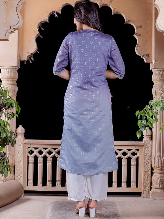 Women Ethnic Motifs Printed Keyhole Neck Chanderi Silk Kurta