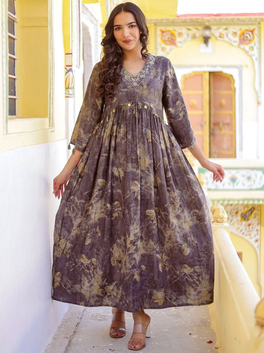 Muslin Embroidered Flared Midi Ethnic Dress