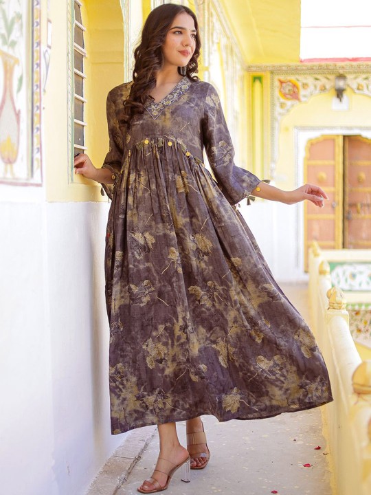 Muslin Embroidered Flared Midi Ethnic Dress Hover