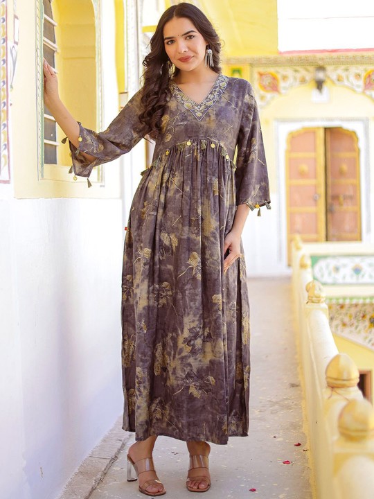 Muslin Embroidered Flared Midi Ethnic Dress