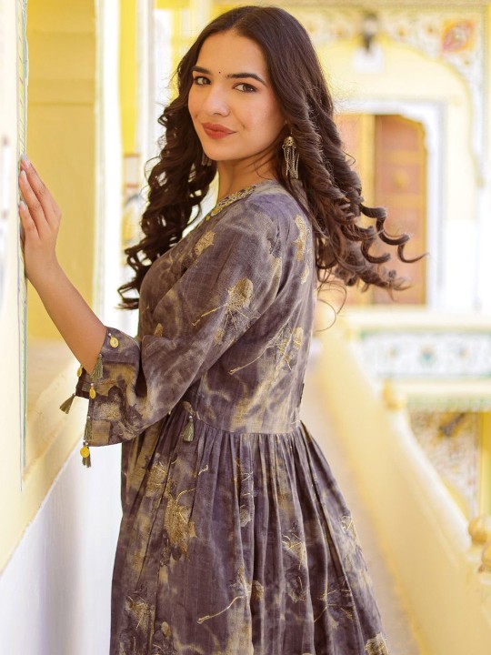 Muslin Embroidered Flared Midi Ethnic Dress