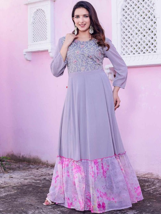 Georgette Embroidered Fit & Flare Maxi Ethnic Dress