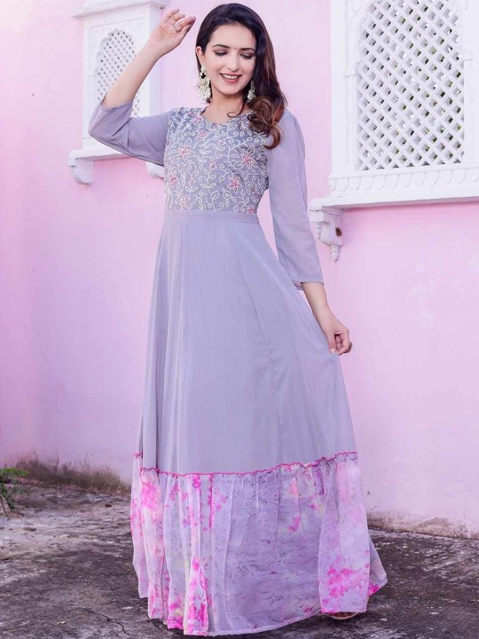 Georgette Embroidered Fit & Flare Maxi Ethnic Dress Hover