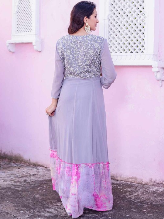 Georgette Embroidered Fit & Flare Maxi Ethnic Dress