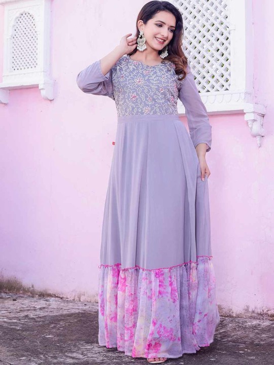 Georgette Embroidered Fit & Flare Maxi Ethnic Dress