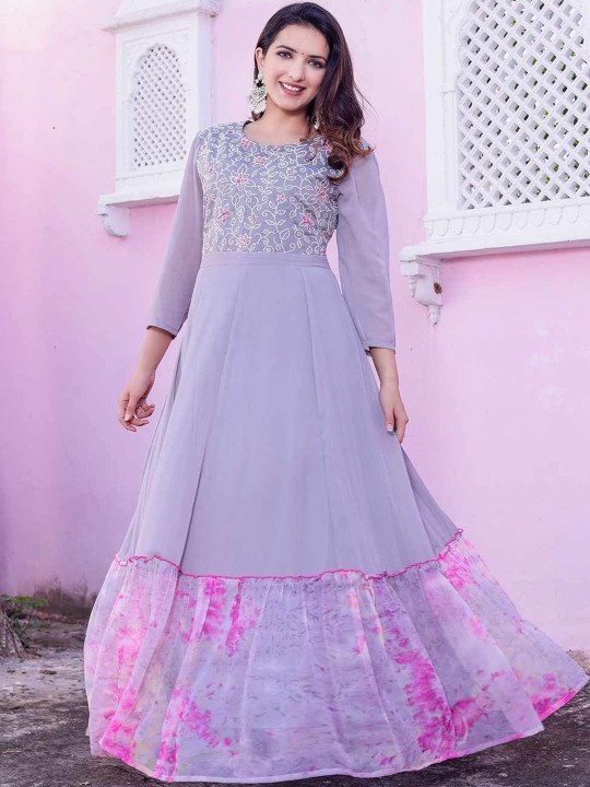 Georgette Embroidered Fit & Flare Maxi Ethnic Dress
