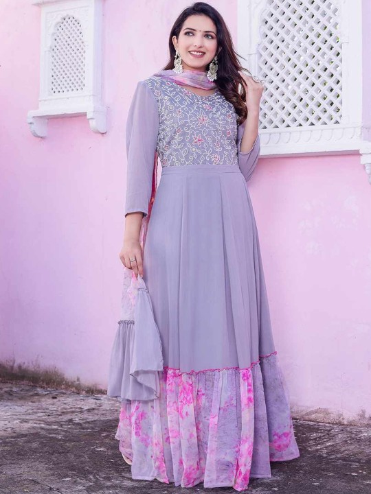 Georgette Embroidered Fit & Flare Maxi Ethnic Dress