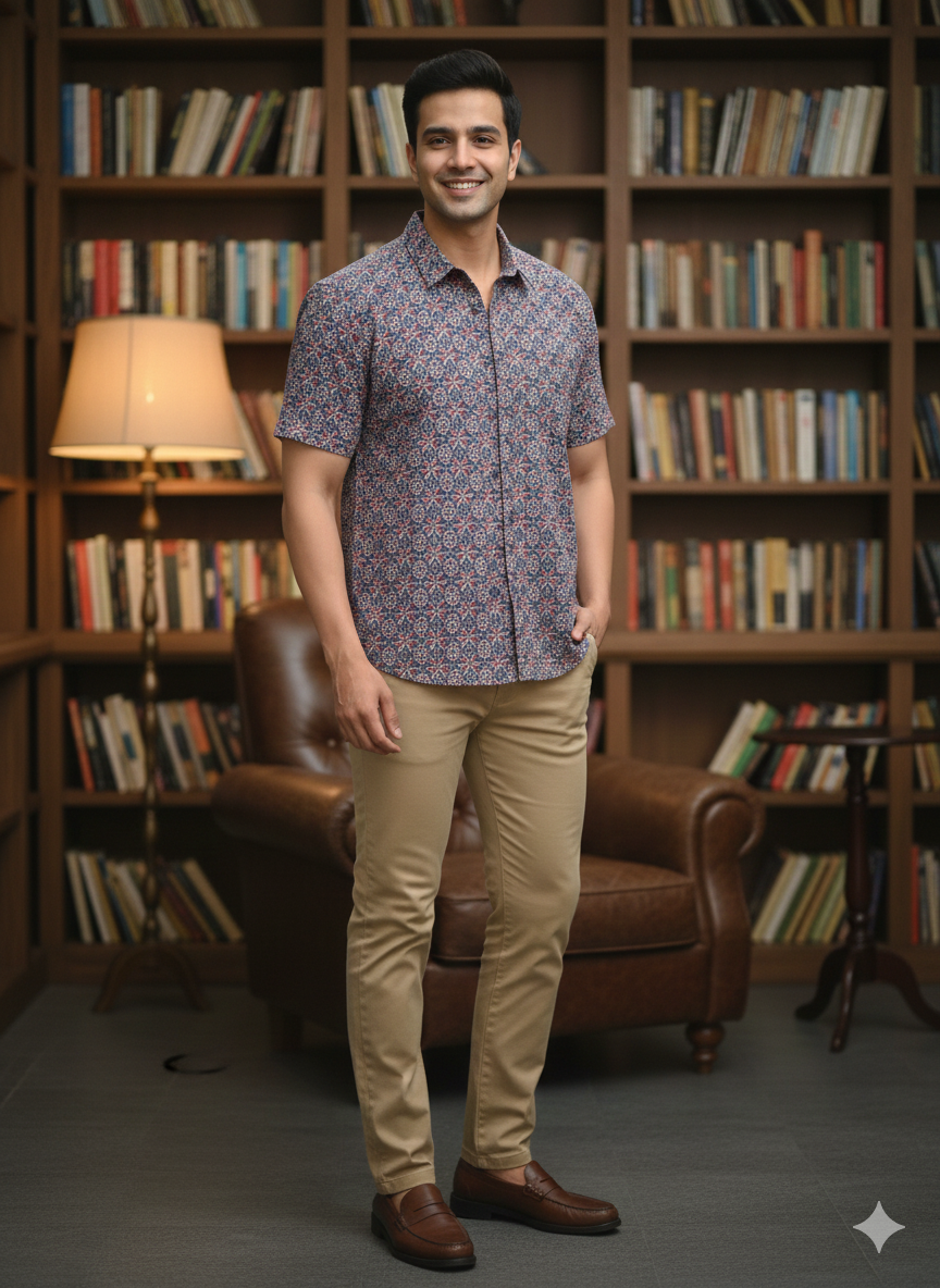 Men Classic Spread Collar Floral Printed Cotton Slim Fit Casual Shirt