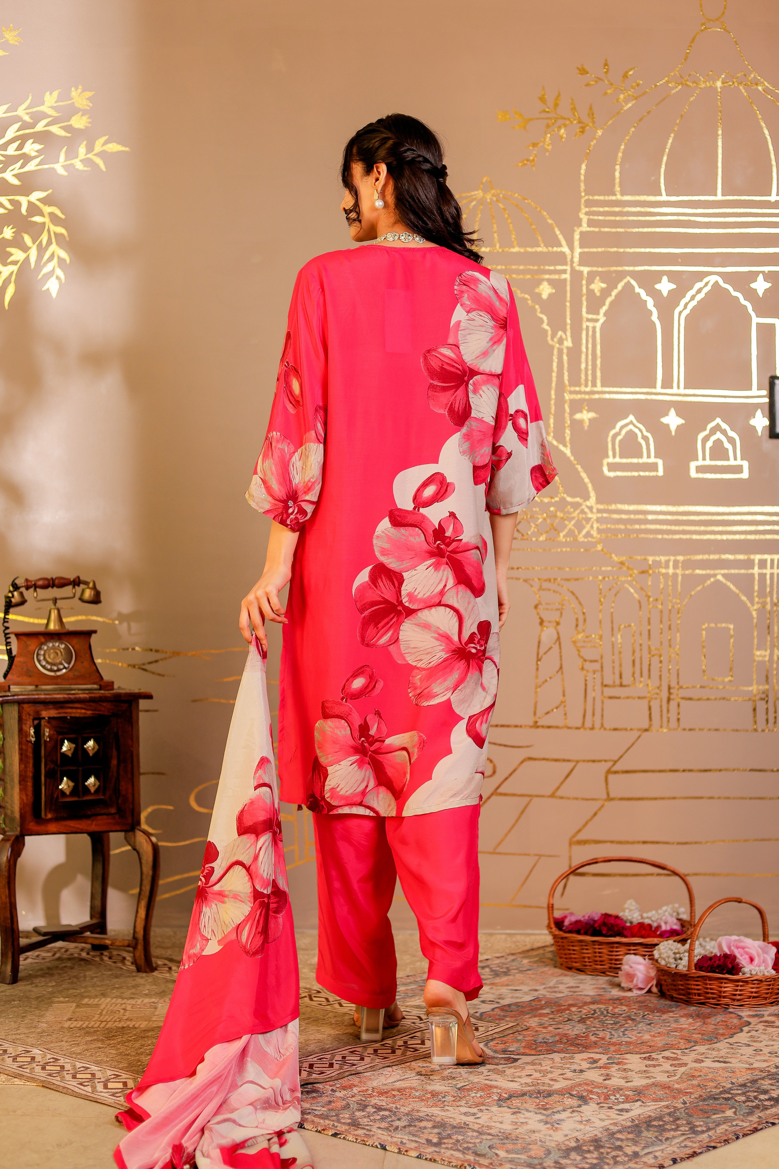 Muslin Floral Printed Adda Work Kurta, Trousers With Dupatta