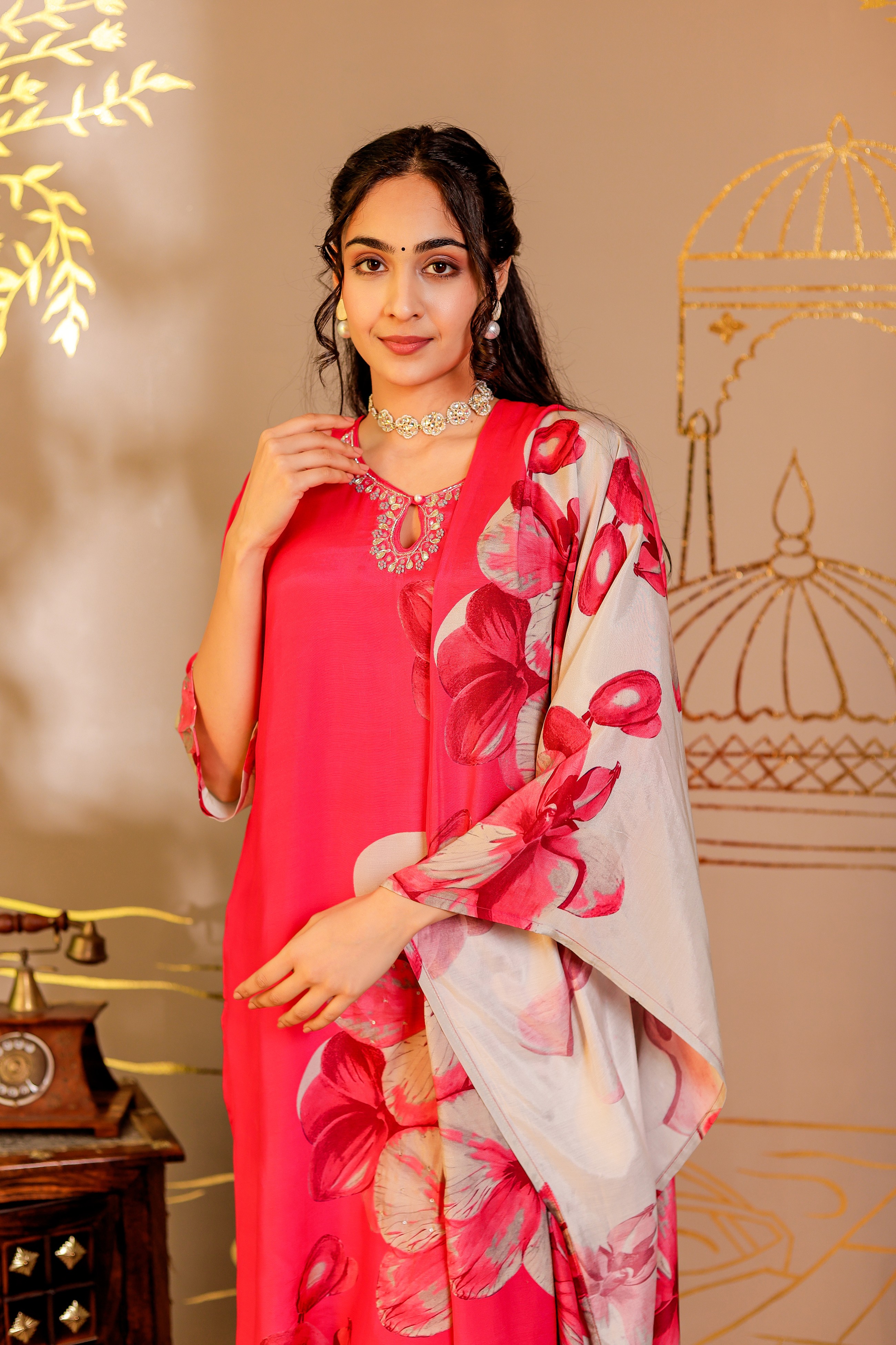 Muslin Floral Printed Adda Work Kurta, Trousers With Dupatta