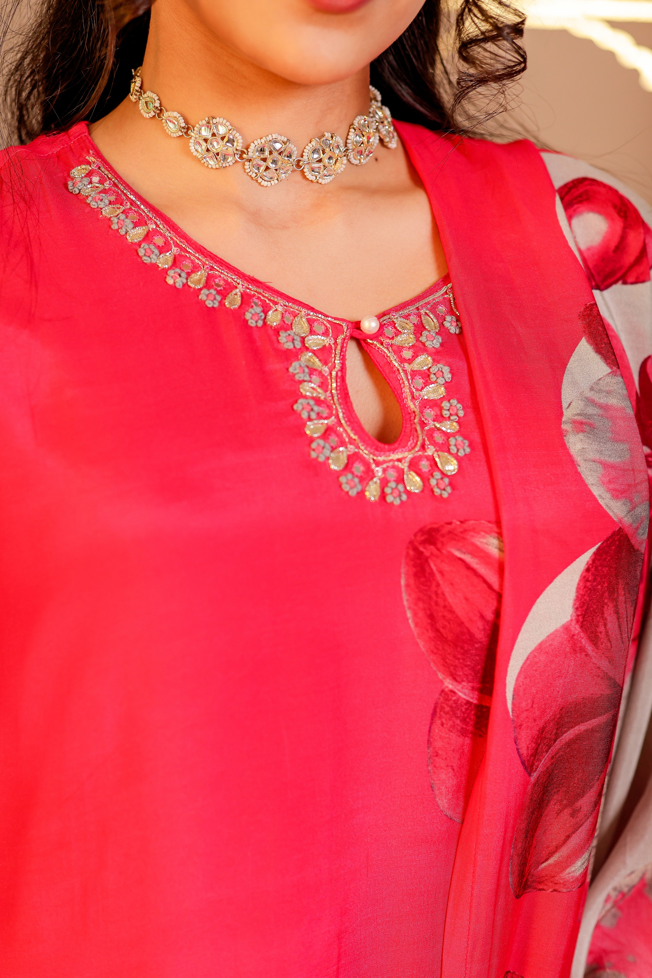 Muslin Floral Printed Adda Work Kurta, Trousers With Dupatta