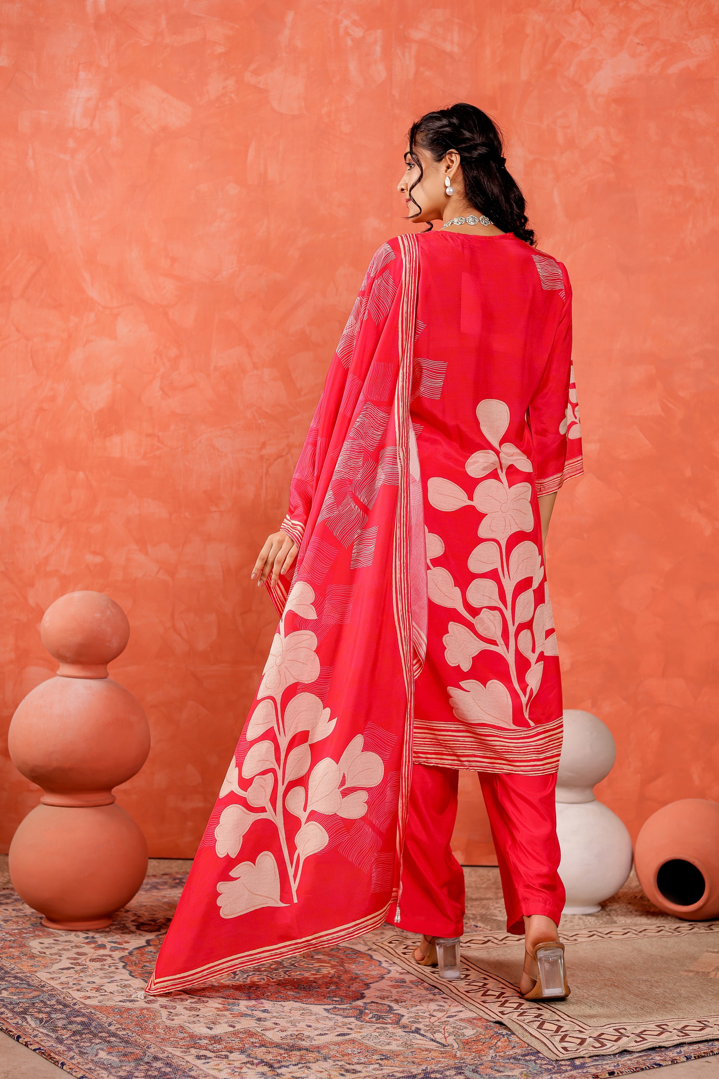 Muslin Floral Printed Adda Work Kurta, Trousers With Dupatta