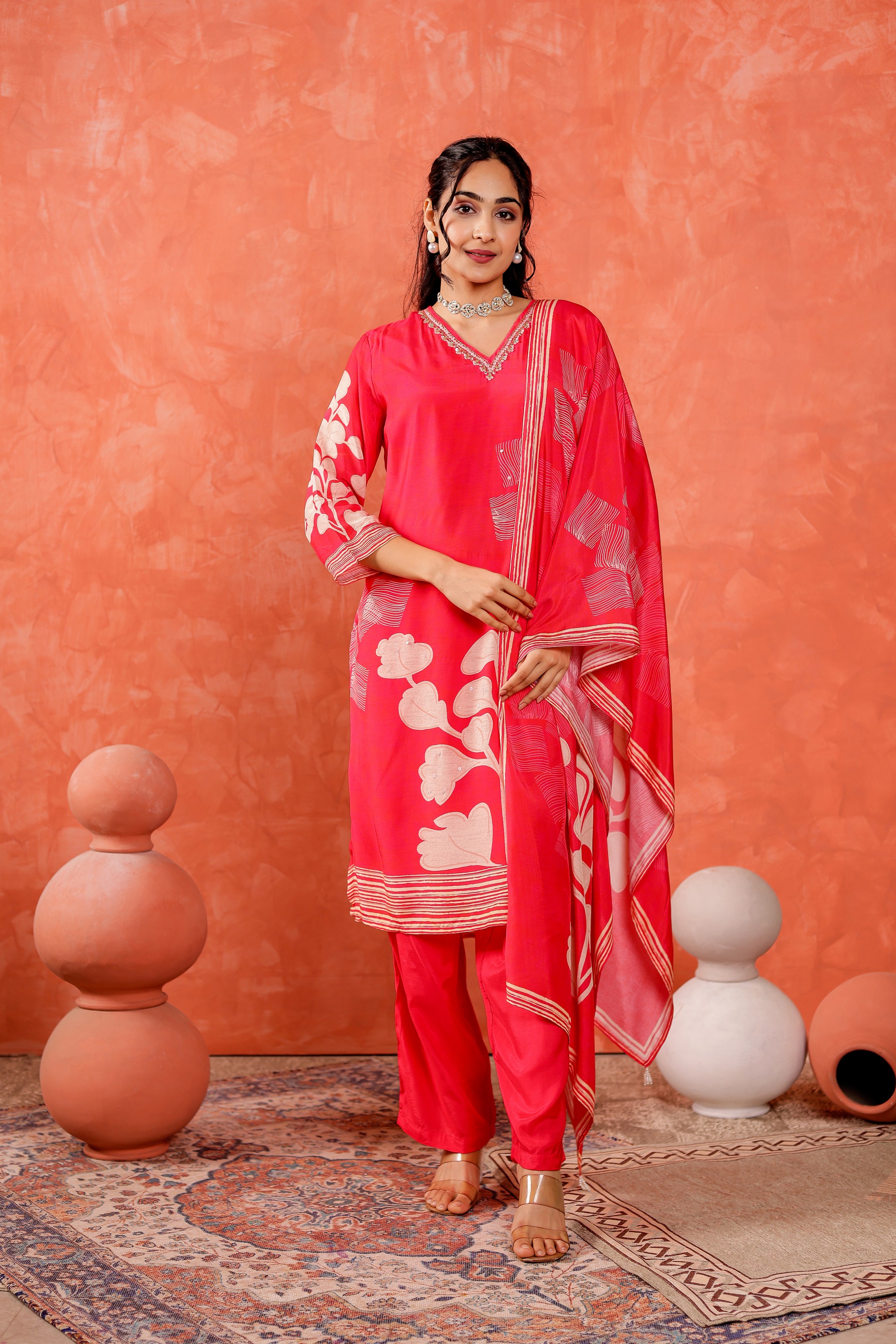 Muslin Floral Printed Adda Work Kurta, Trousers With Dupatta