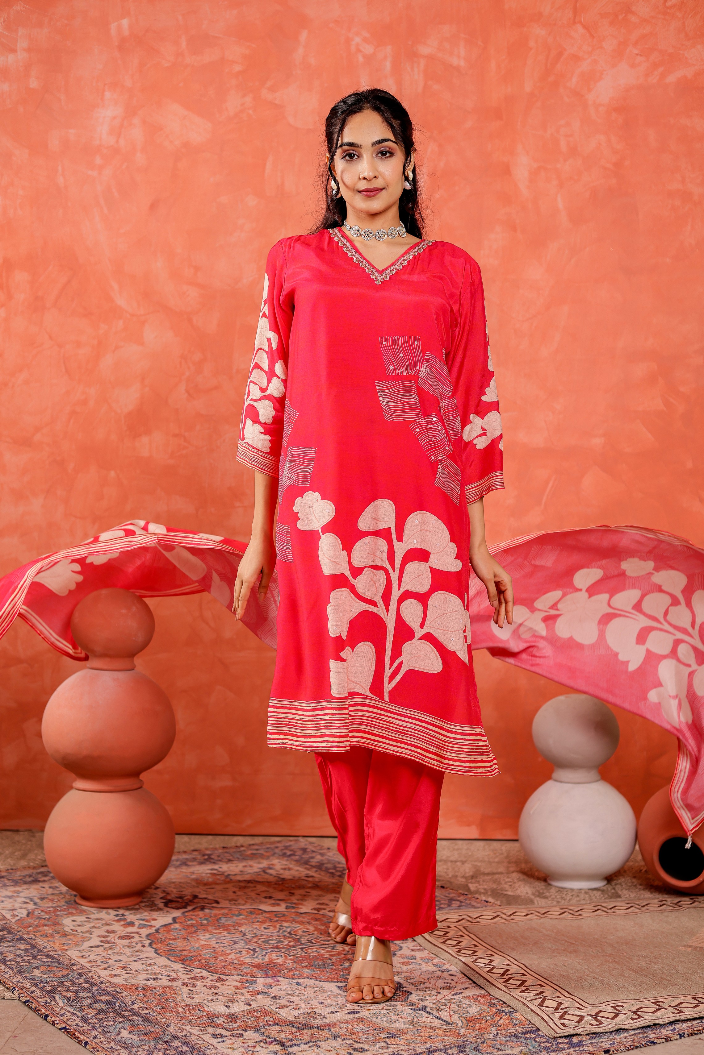 Muslin Floral Printed Adda Work Kurta, Trousers With Dupatta