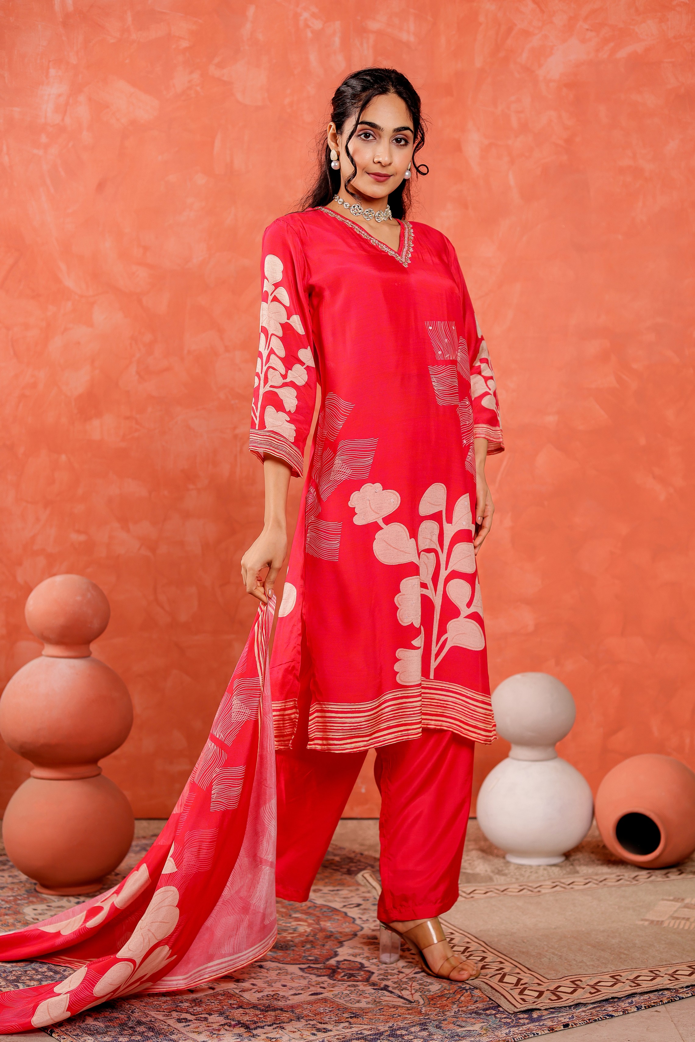 Muslin Floral Printed Adda Work Kurta, Trousers With Dupatta