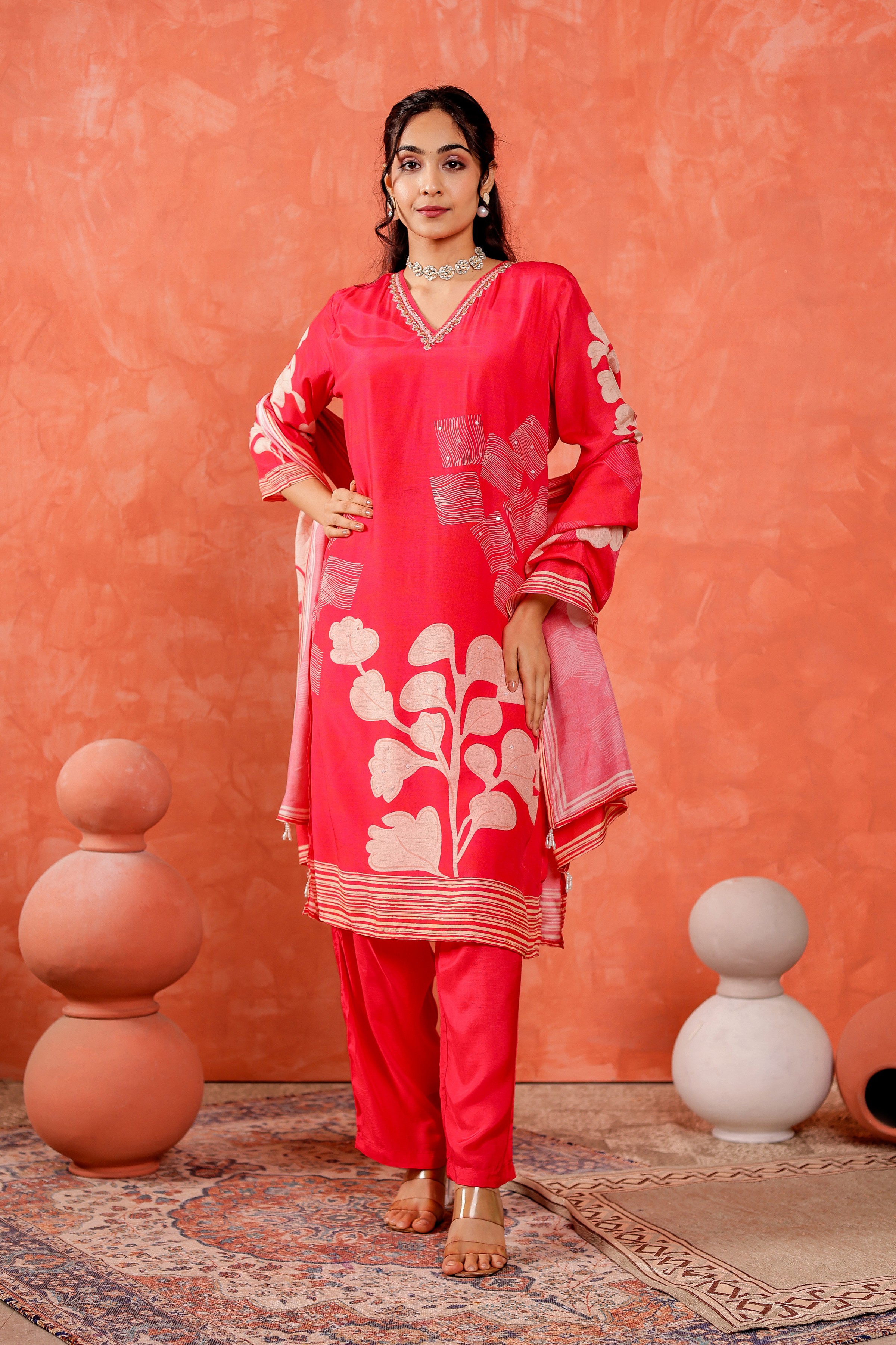 Muslin Floral Printed Adda Work Kurta, Trousers With Dupatta