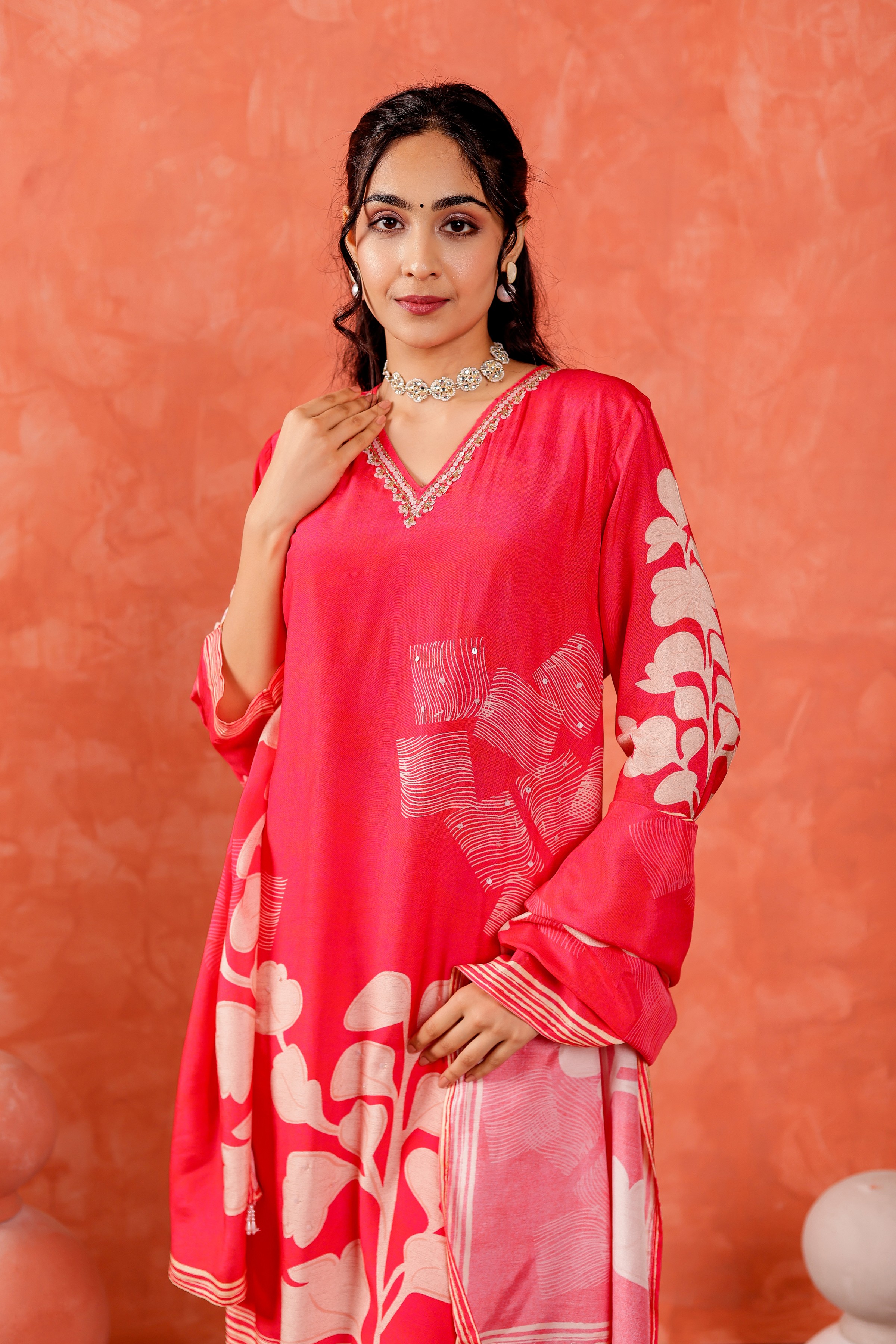 Muslin Floral Printed Adda Work Kurta, Trousers With Dupatta