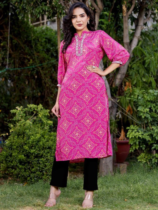 Bandhani Printed Puff Sleeves Mandarin Collar Straight Kurta