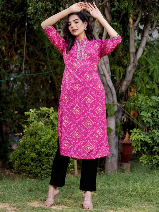 Bandhani Printed Puff Sleeves Mandarin Collar Straight Kurta Hover