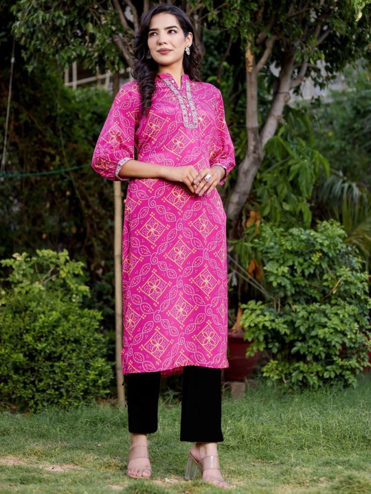 Bandhani Printed Puff Sleeves Mandarin Collar Straight Kurta