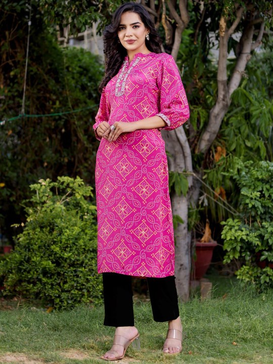Bandhani Printed Puff Sleeves Mandarin Collar Straight Kurta