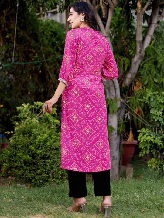 Bandhani Printed Puff Sleeves Mandarin Collar Straight Kurta