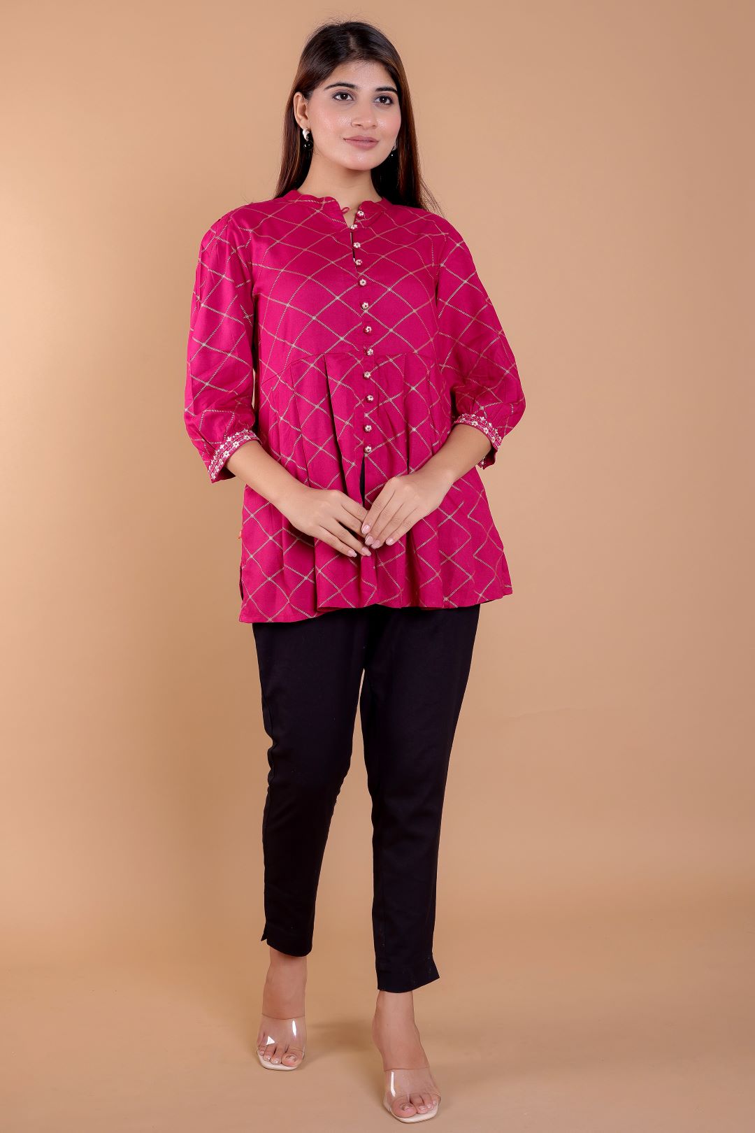 Rayon Mandarin Collar Printed Top