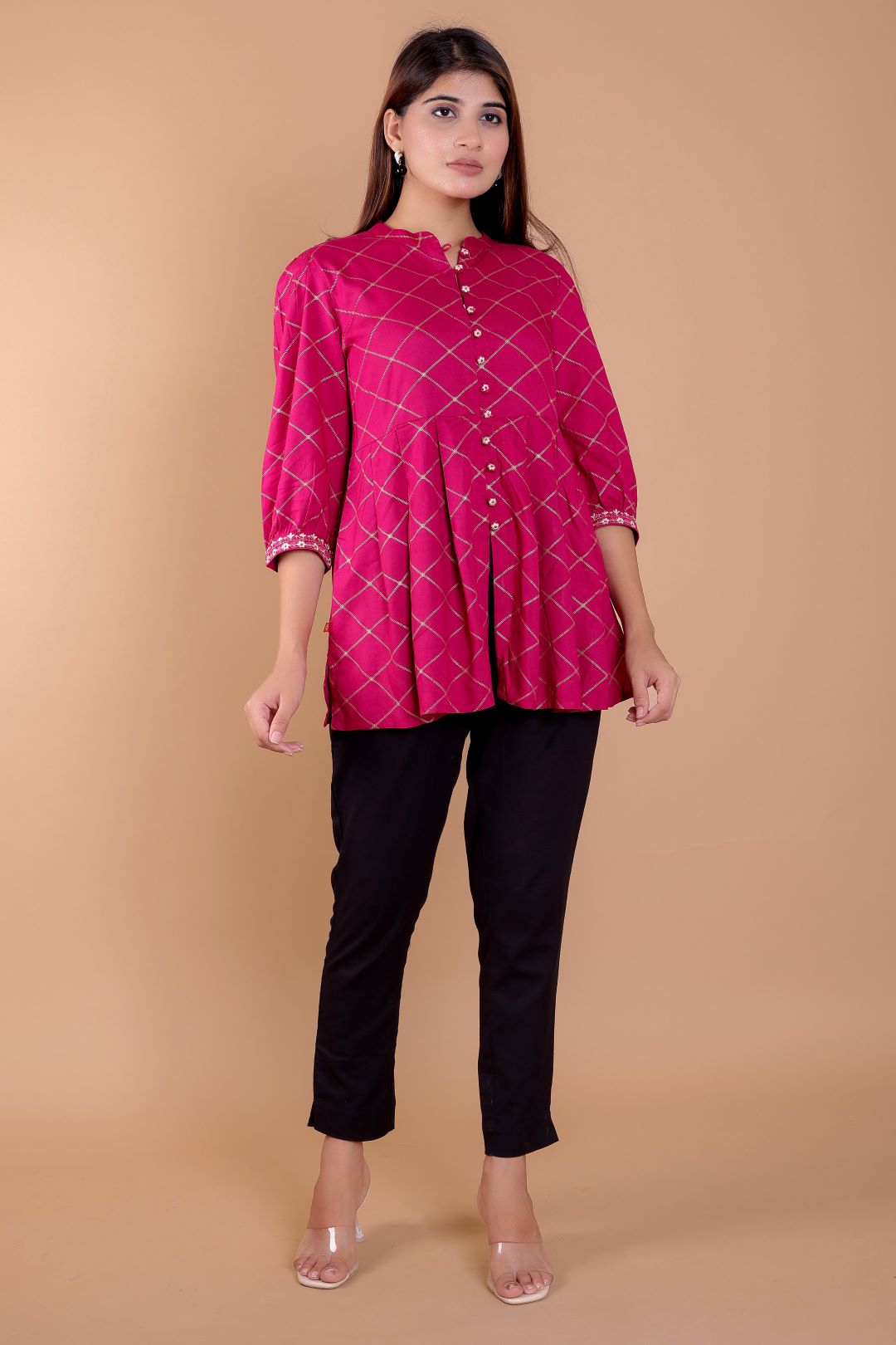 Rayon Mandarin Collar Printed Top