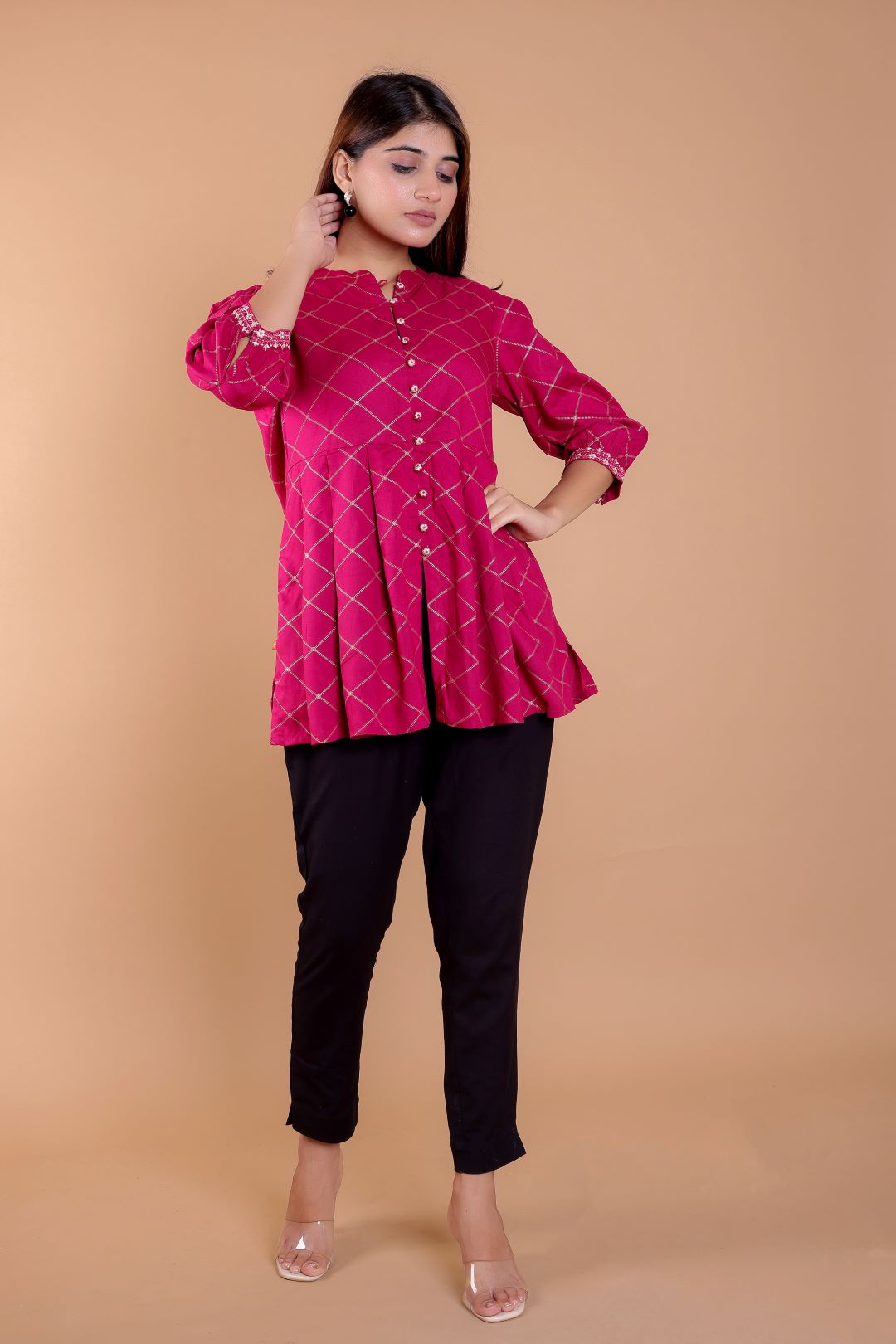 Rayon Mandarin Collar Printed Top