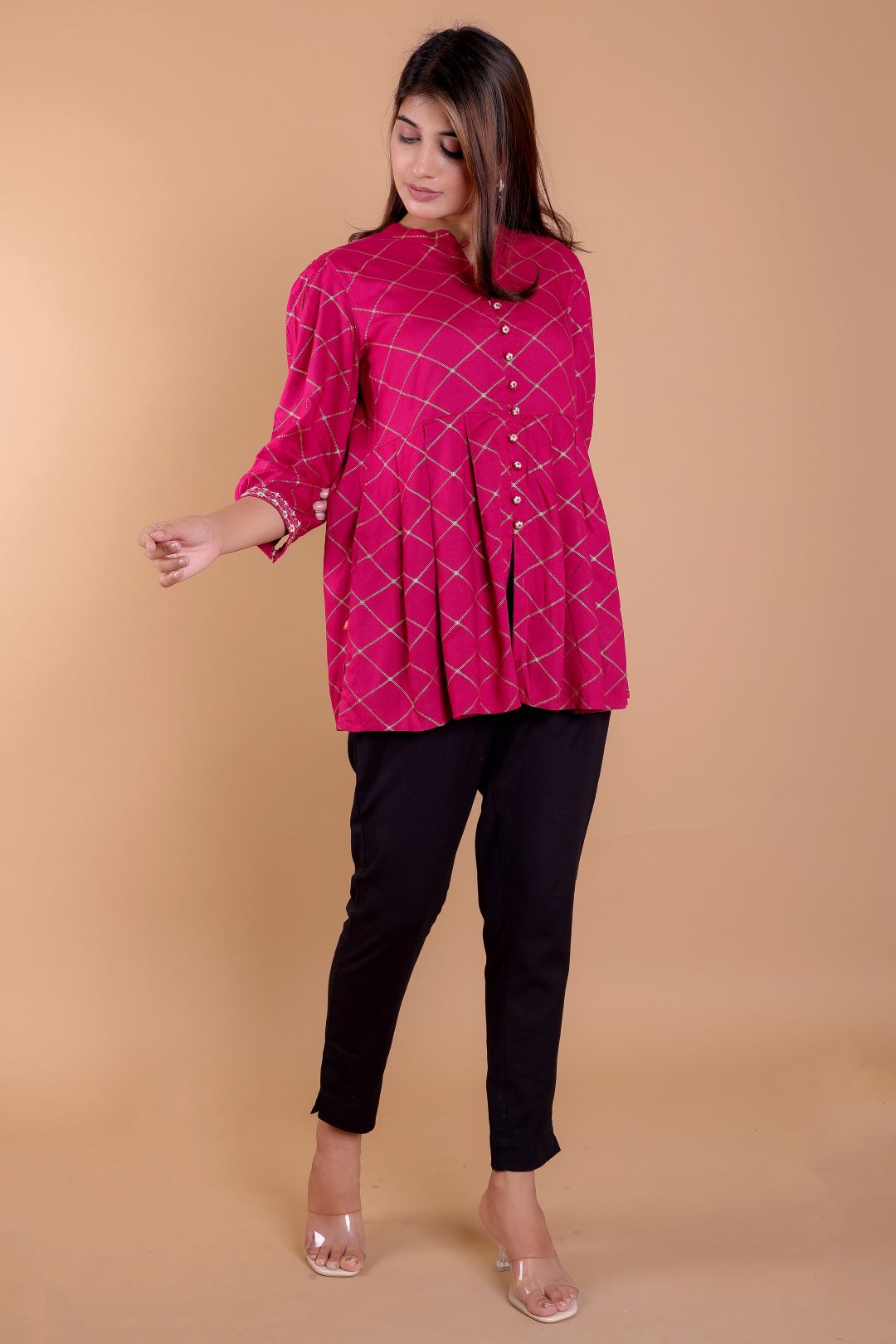 Rayon Mandarin Collar Printed Top