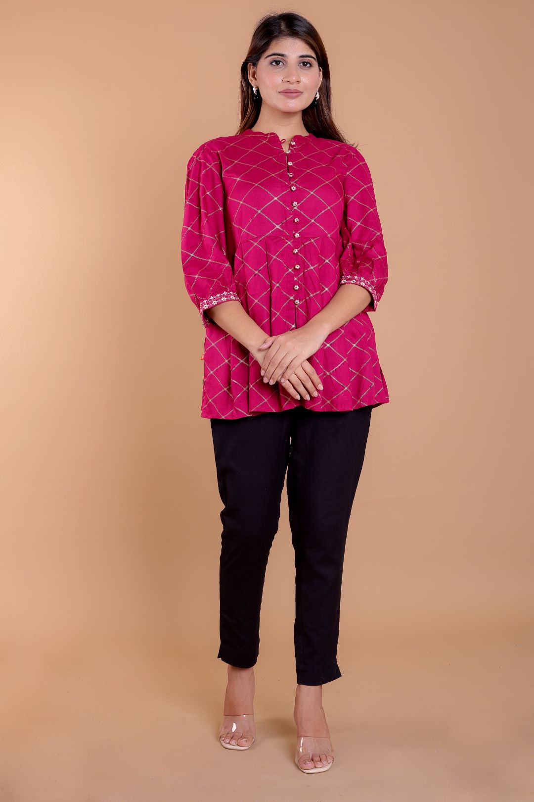 Rayon Mandarin Collar Printed Top