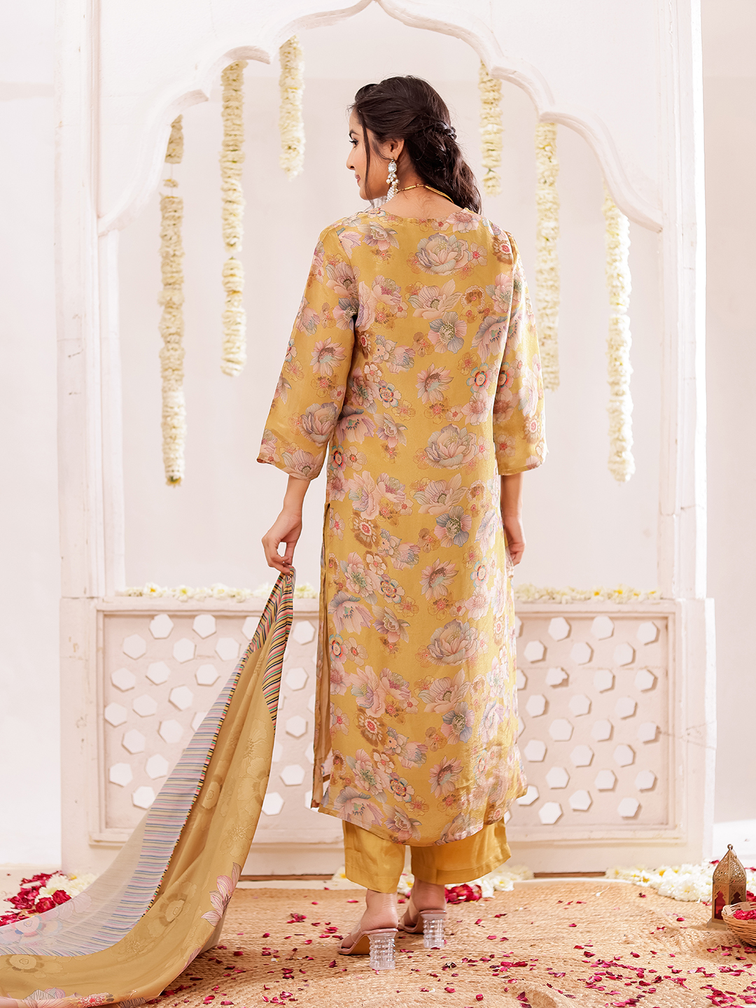 Tissue Fabric Floral Printed Adda Work Kurta ,Trousers With Dupatta