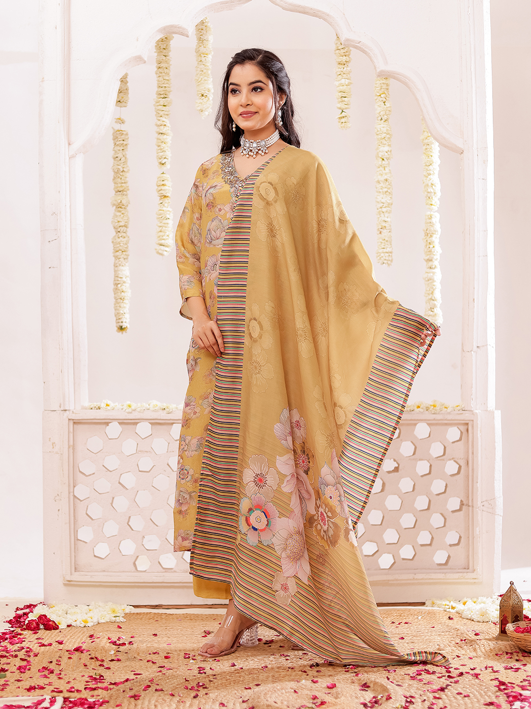 Tissue Fabric Floral Printed Adda Work Kurta ,Trousers With Dupatta Hover