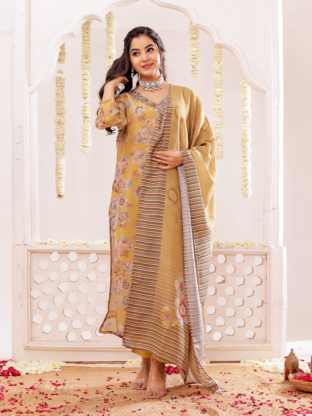 Tissue Fabric Floral Printed Adda Work Kurta ,Trousers With Dupatta