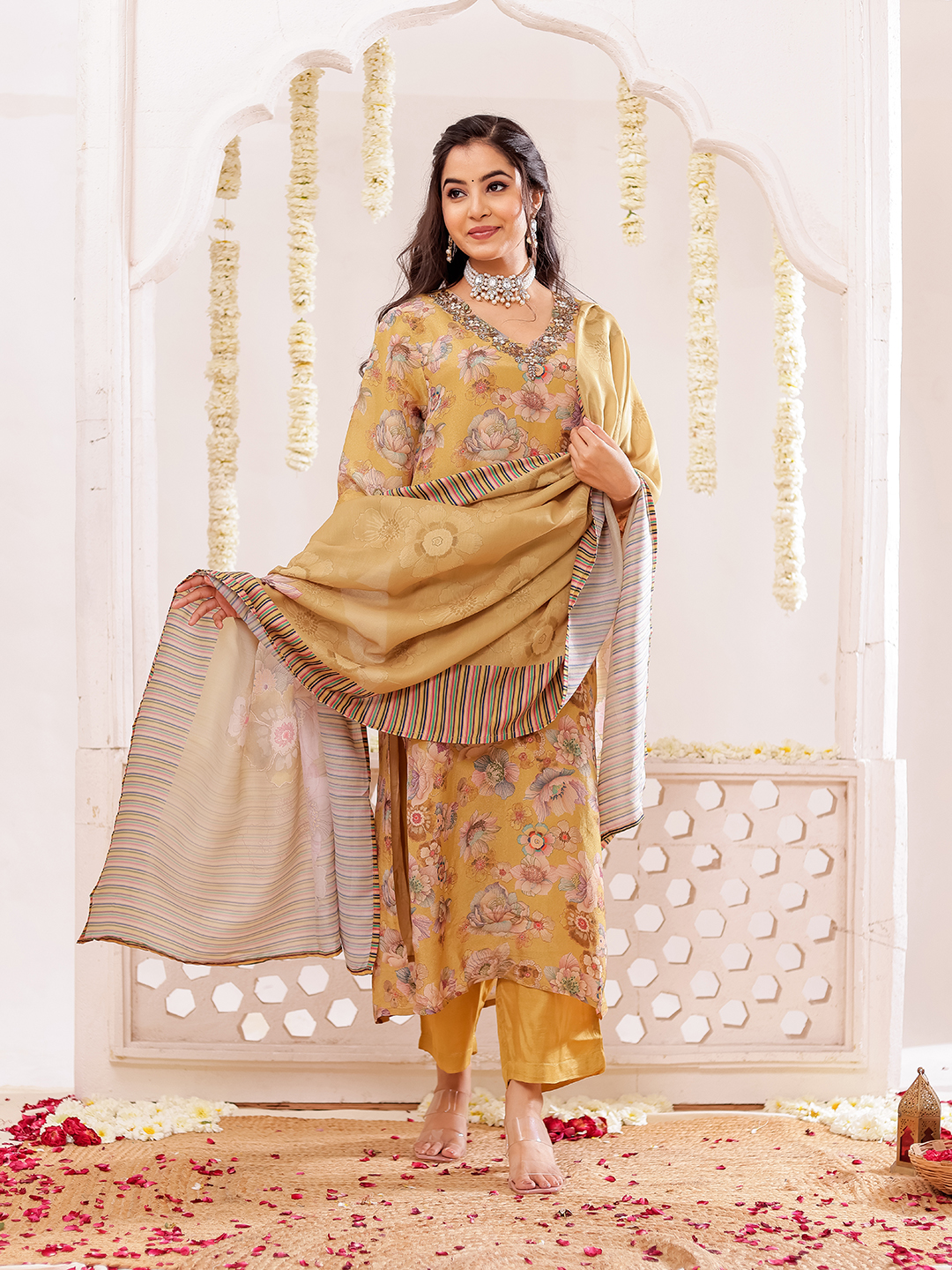 Tissue Fabric Floral Printed Adda Work Kurta ,Trousers With Dupatta