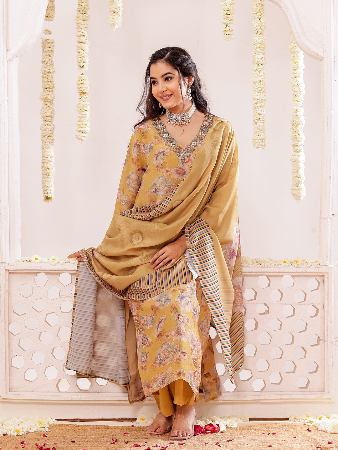 Tissue Fabric Floral Printed Adda Work Kurta ,Trousers With Dupatta