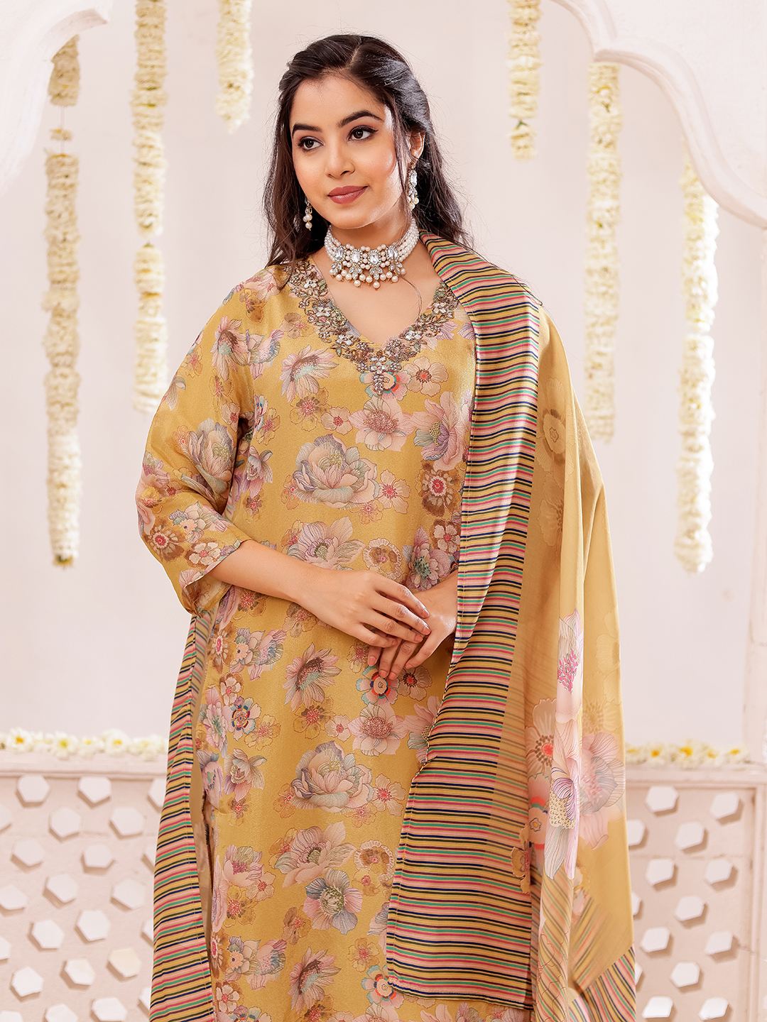 Tissue Fabric Floral Printed Adda Work Kurta ,Trousers With Dupatta