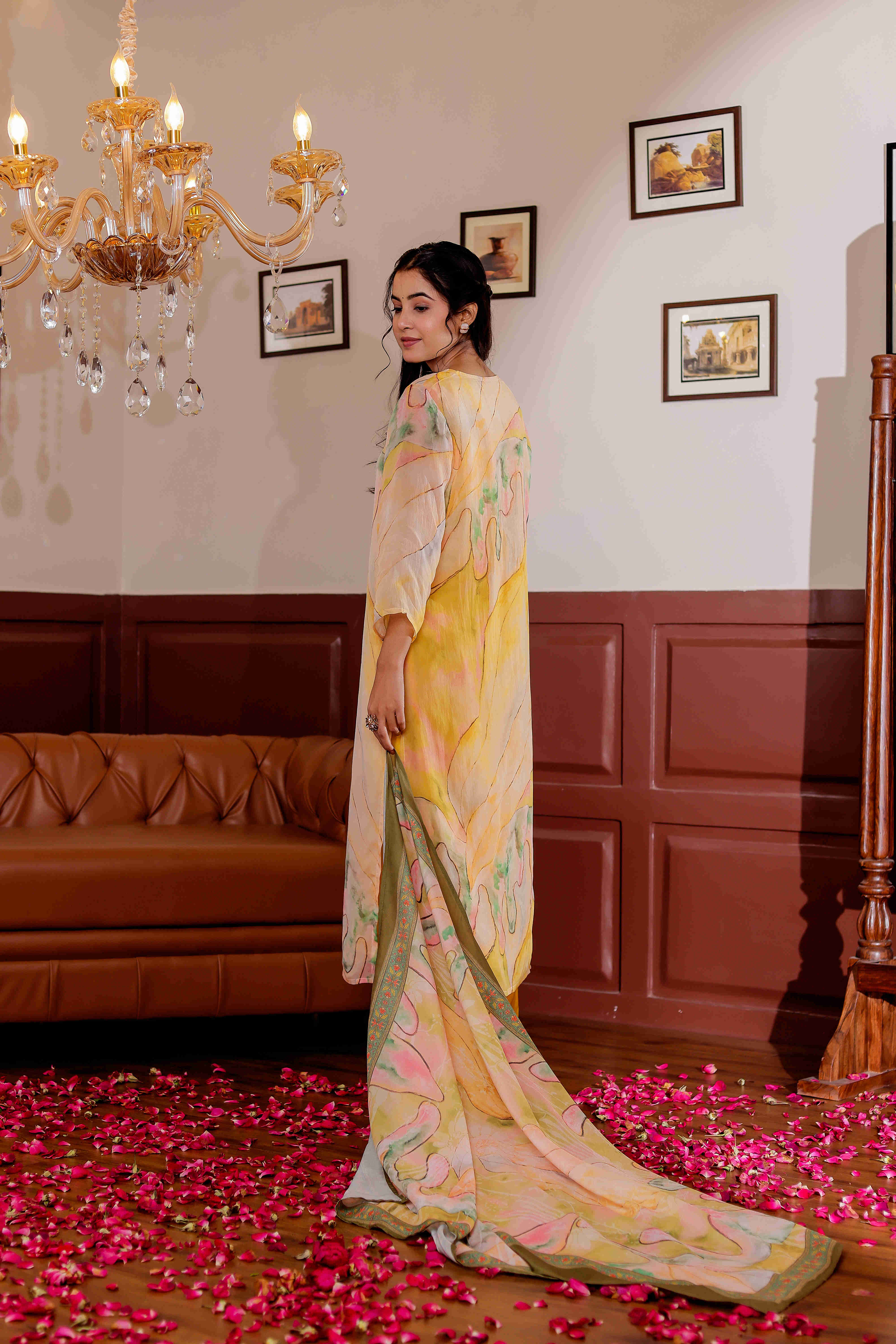 Organza Fabric Printed Zari Work Straight Kurta, Trouser & Dupatta Hover