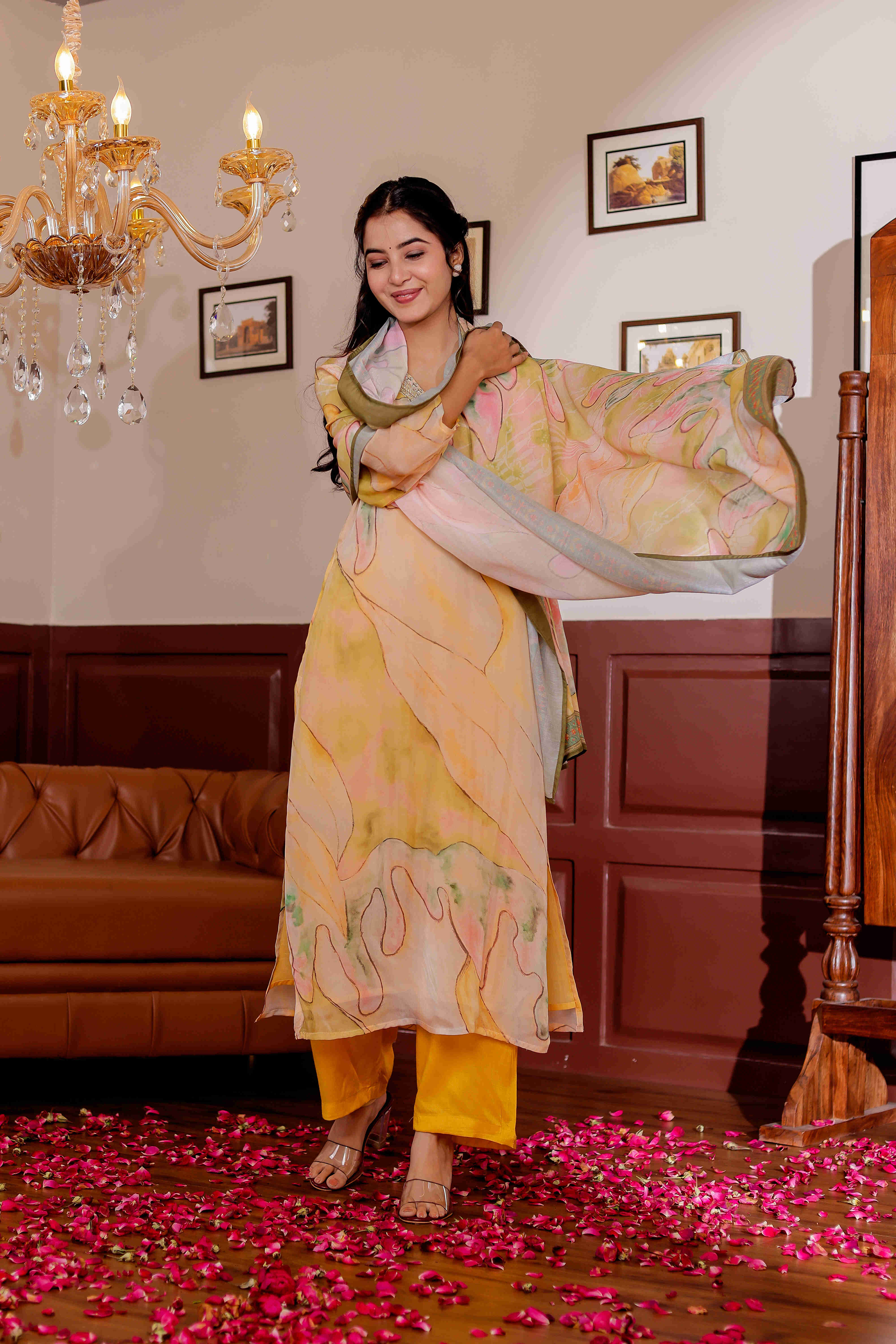 Organza Fabric Printed Zari Work Straight Kurta, Trouser & Dupatta