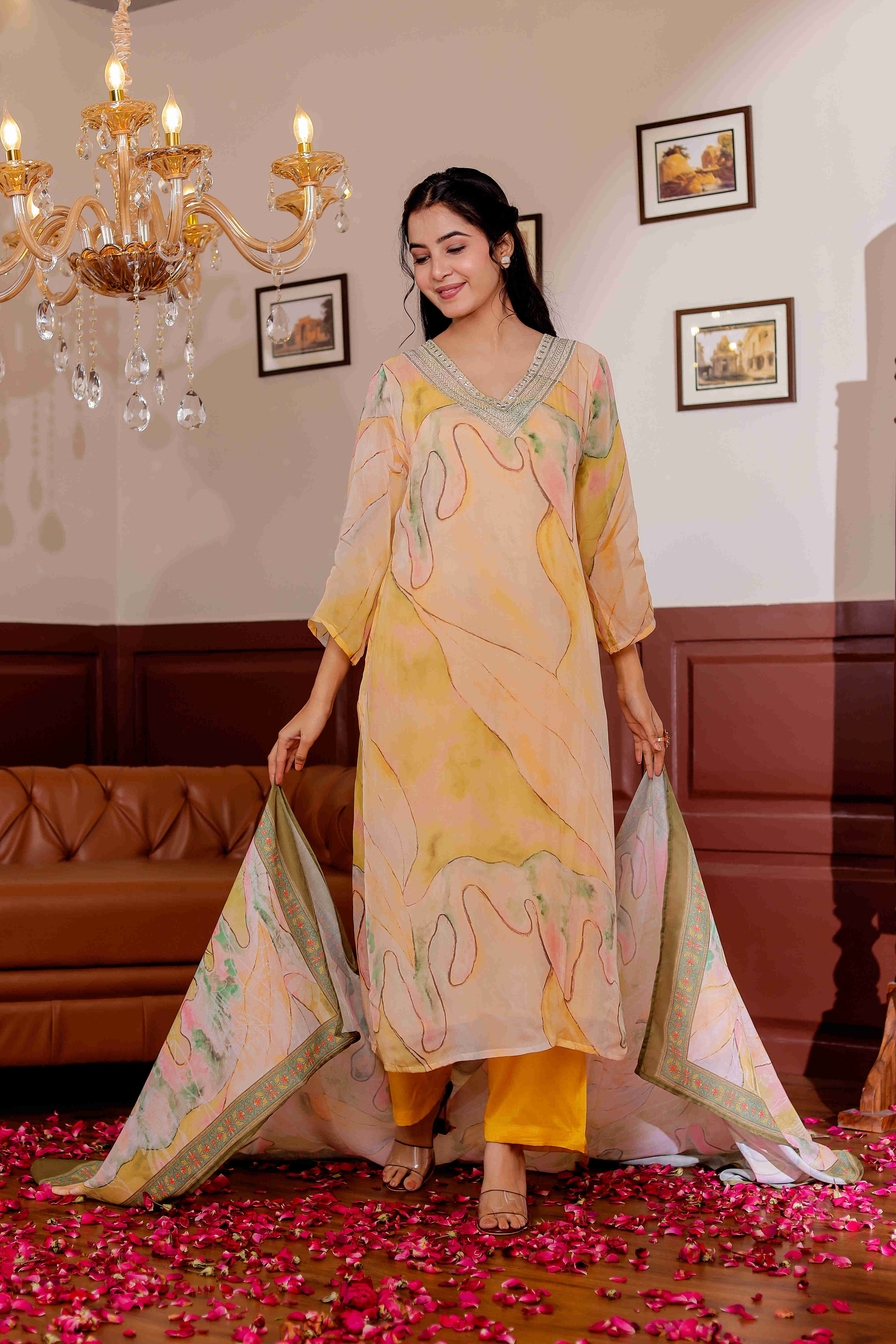 Organza Fabric Printed Zari Work Straight Kurta, Trouser & Dupatta