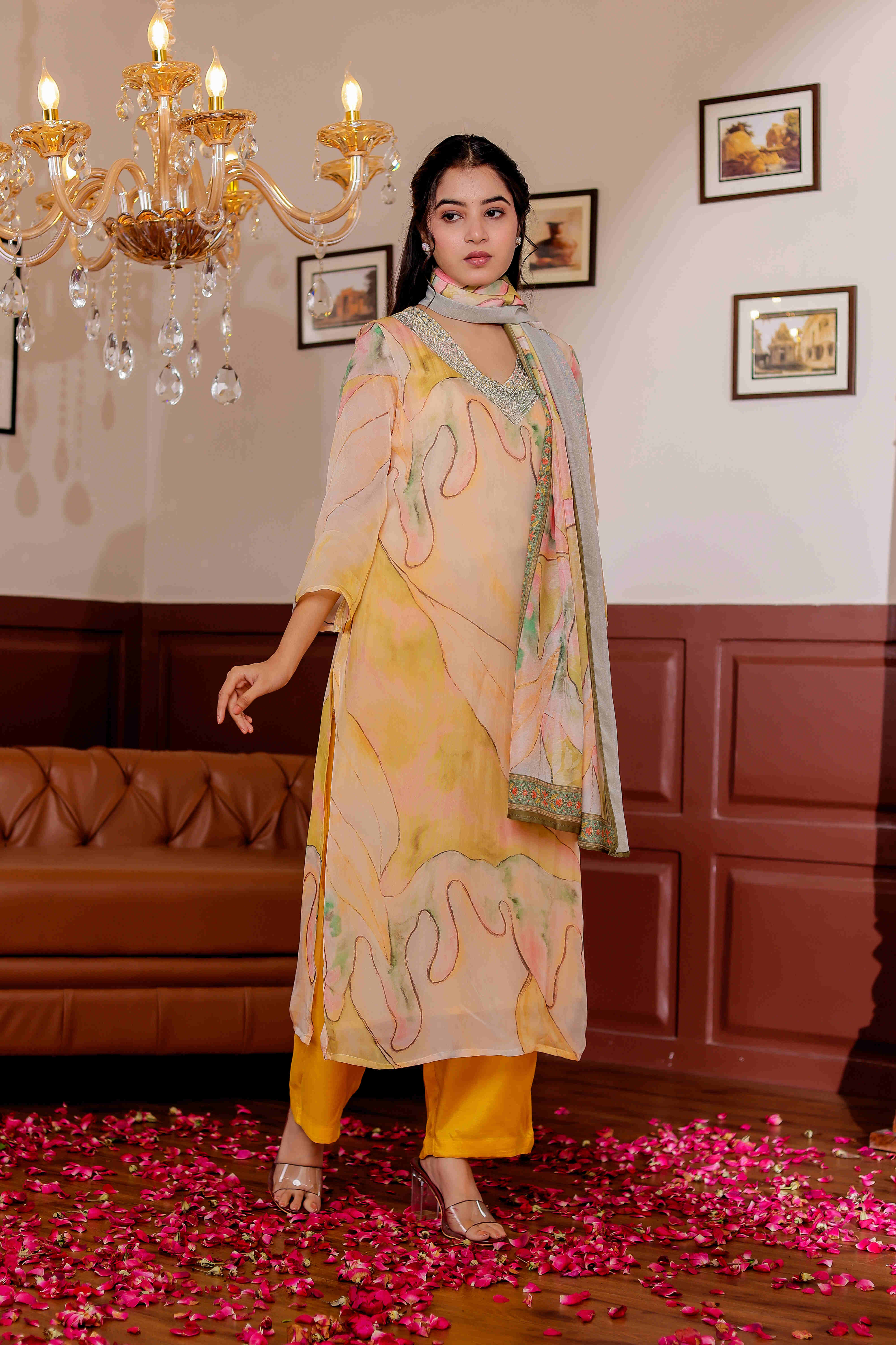 Organza Fabric Printed Zari Work Straight Kurta, Trouser & Dupatta