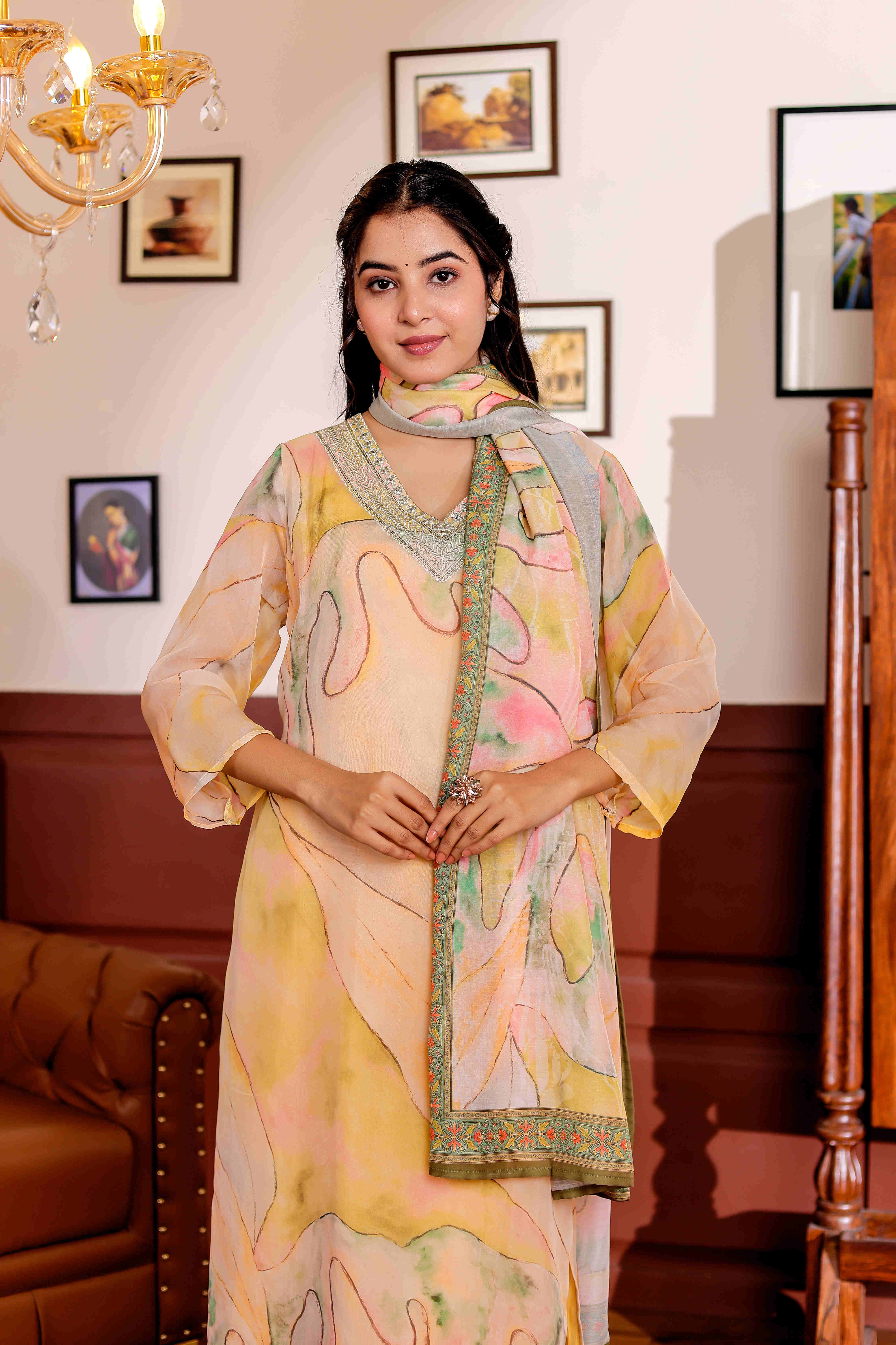 Organza Fabric Printed Zari Work Straight Kurta, Trouser & Dupatta