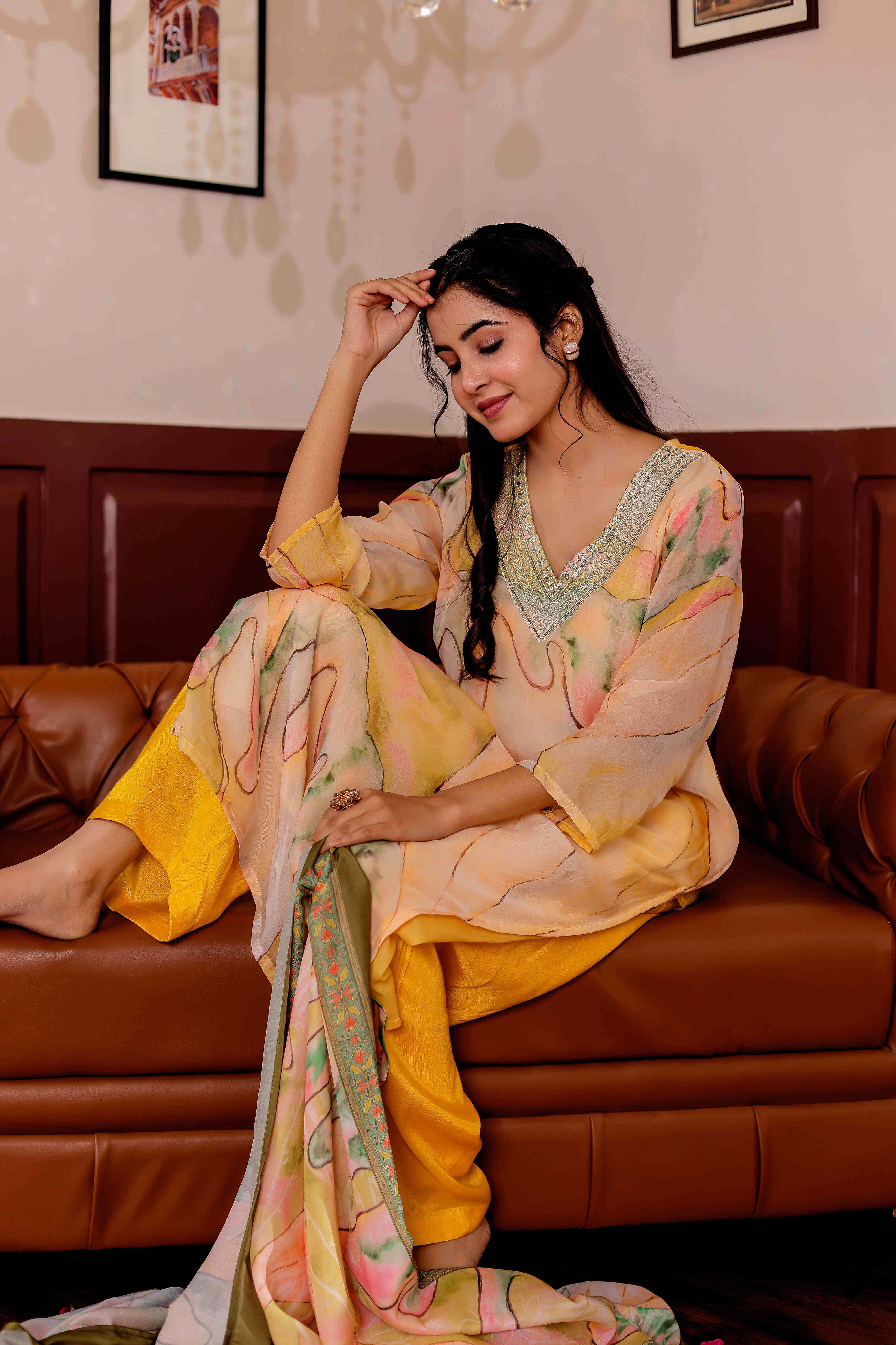 Organza Fabric Printed Zari Work Straight Kurta, Trouser & Dupatta
